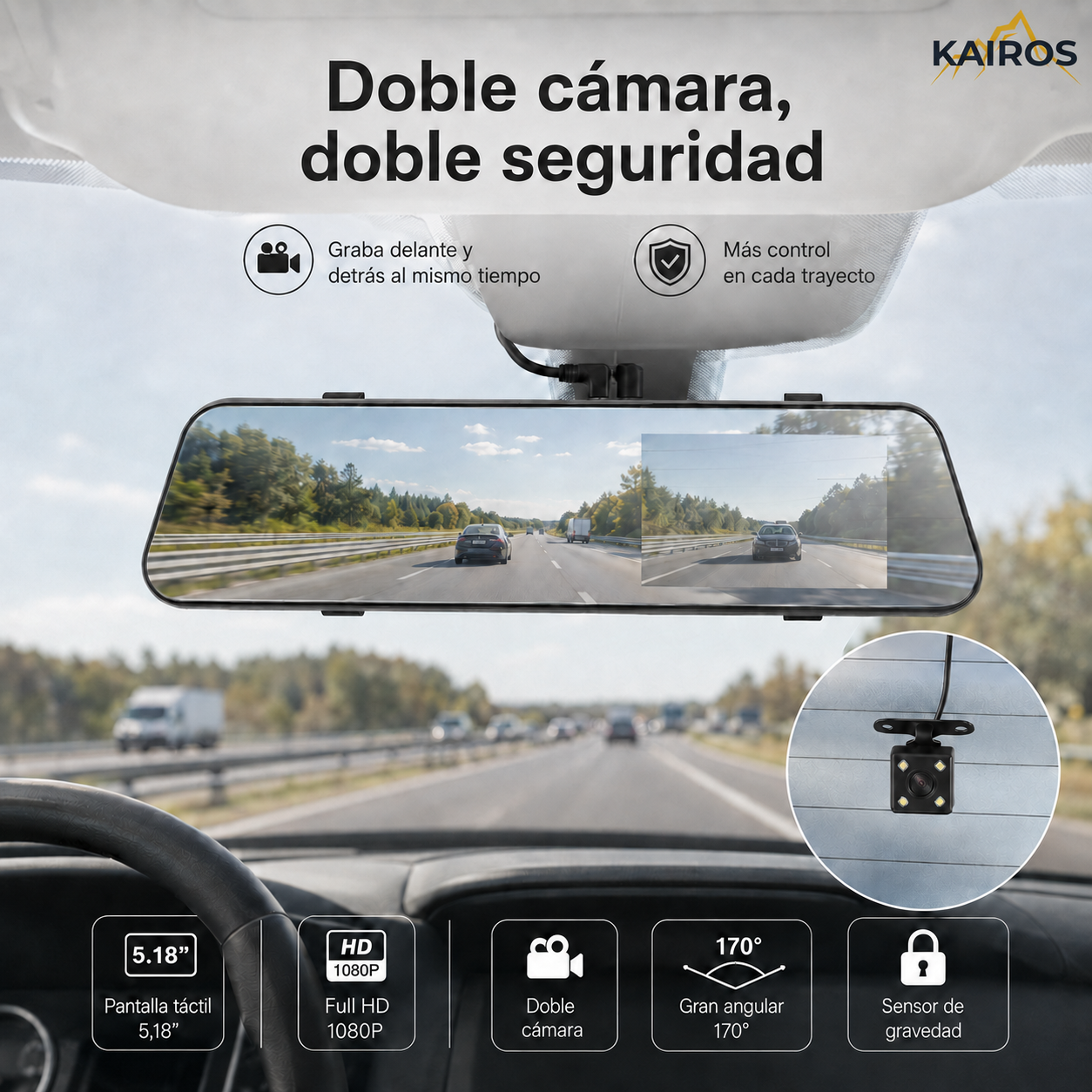 KAIROS VISION X - Espejo inteligente con cámara delantera y trasera