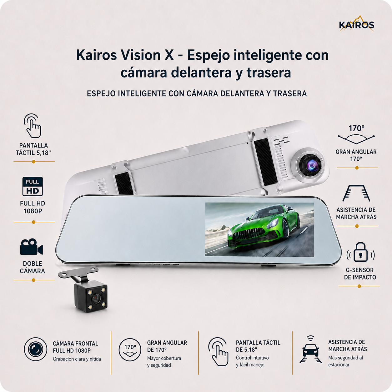 KAIROS VISION X - Espejo inteligente con cámara delantera y trasera
